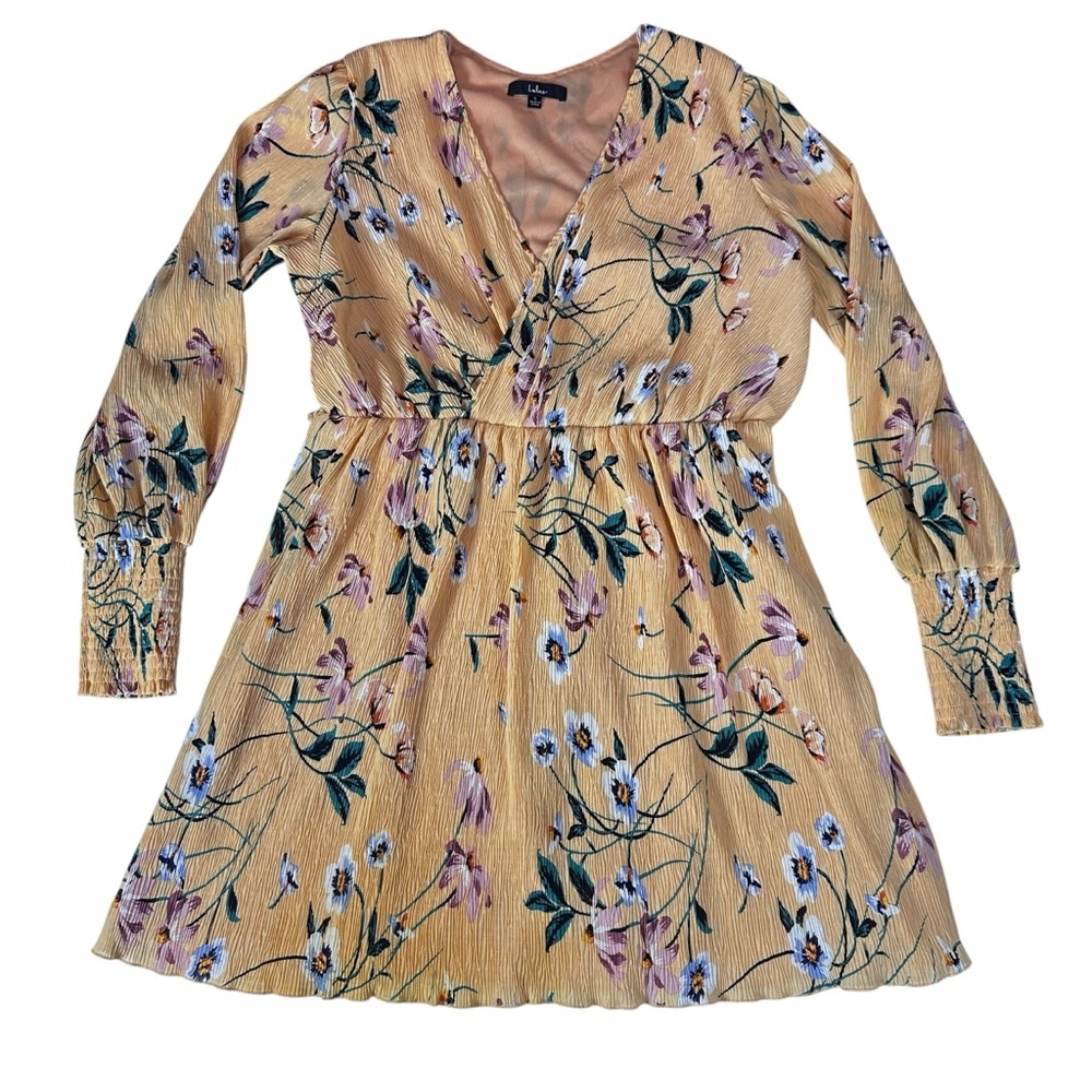 Lulus Floral Long Sleeve Surplice Dress Mustard Yellow A-Line Size L